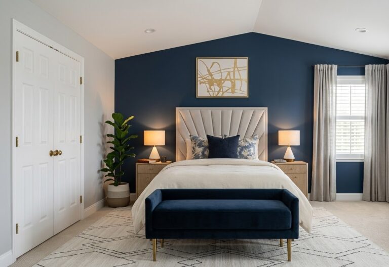 Bedroom with a deep painted accent wall behind the bed