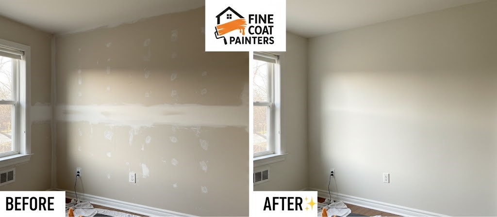 Interior wall repair and smoothing in pre-1978 home Burlington MA – Fine Coat Painters