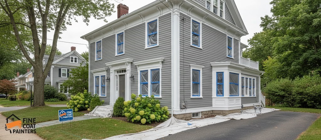 Lead-safe exterior painting prep on historic home Bedford MA – Fine Coat Painters