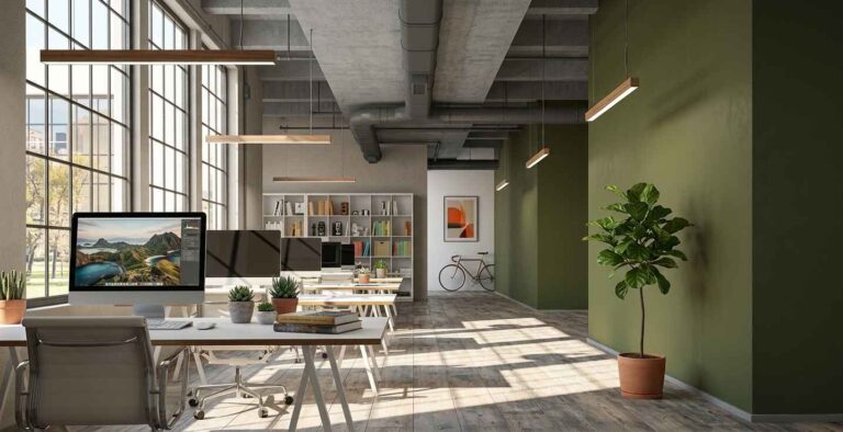 Office with a deep green accent wall and plants
