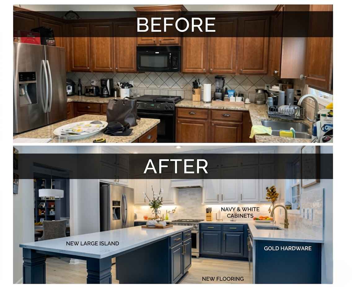 cabinet refinishing Chelmsford MA navy blue cabinet painting before after