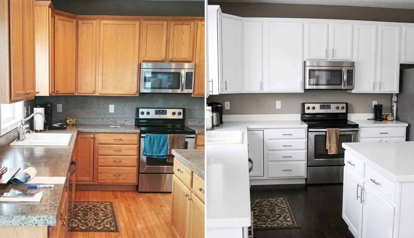 cabinet refinishing Chelmsford MA oak white cabinet transformation