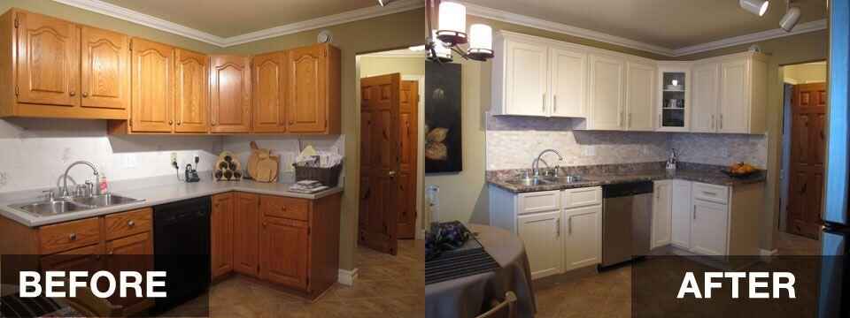 cabinet refinishing Wilmington MA before after white painted oak kitchen Wilmington MA
