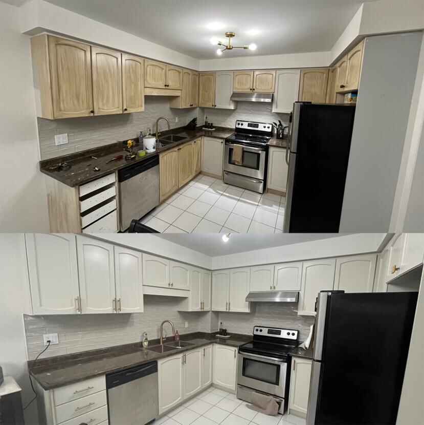 cabinet refinishing Wilmington MA creamy white spray finish Wilmington