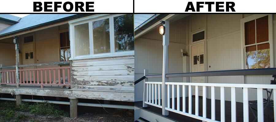 Before and after porch railing and siding painting