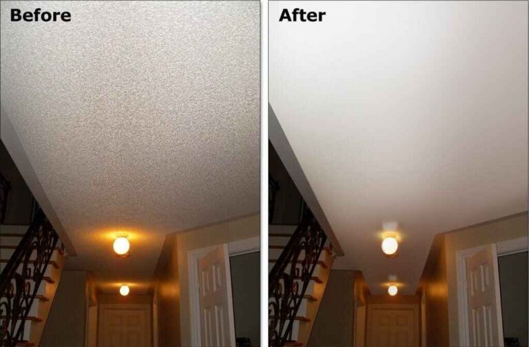 Before and after popcorn ceiling removal in a hallway