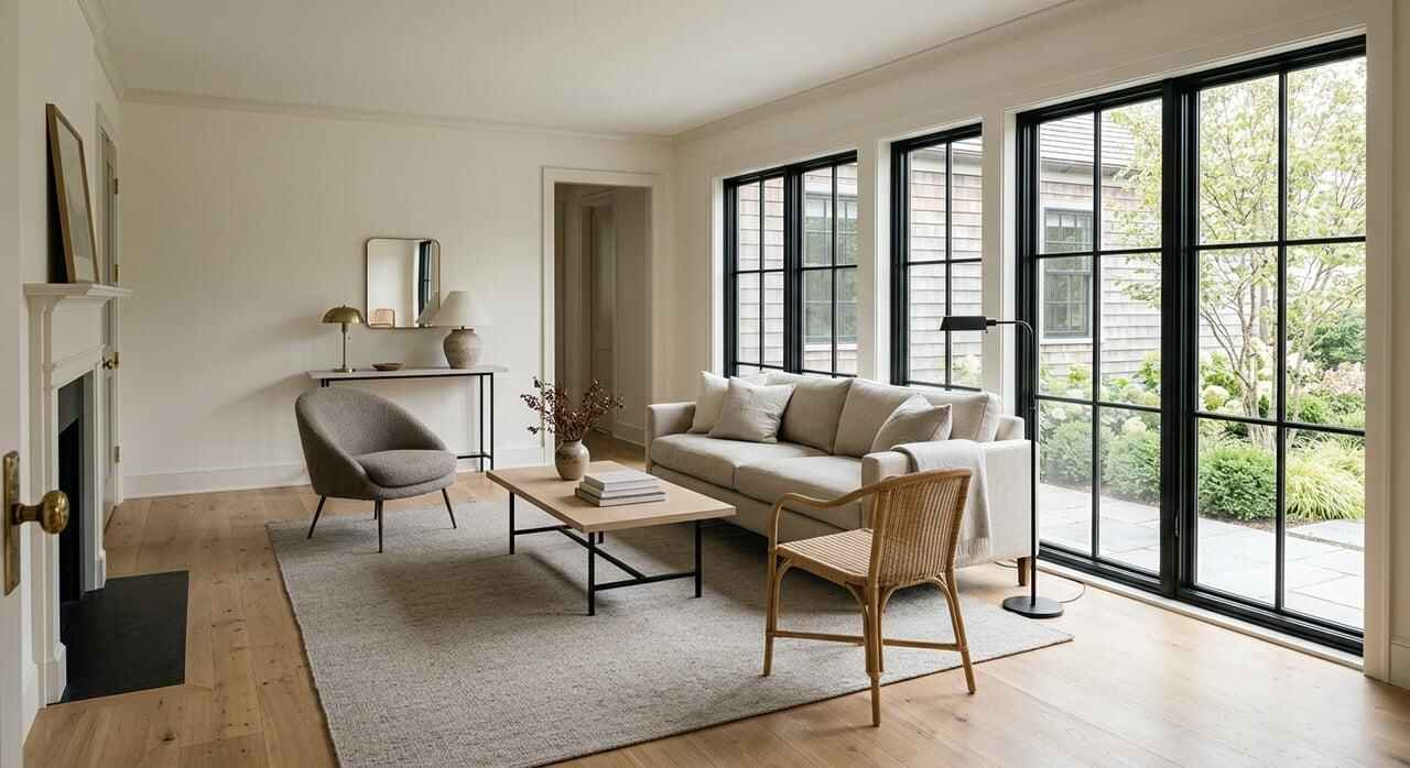Interior painting in MA: modern living room with black frame windows