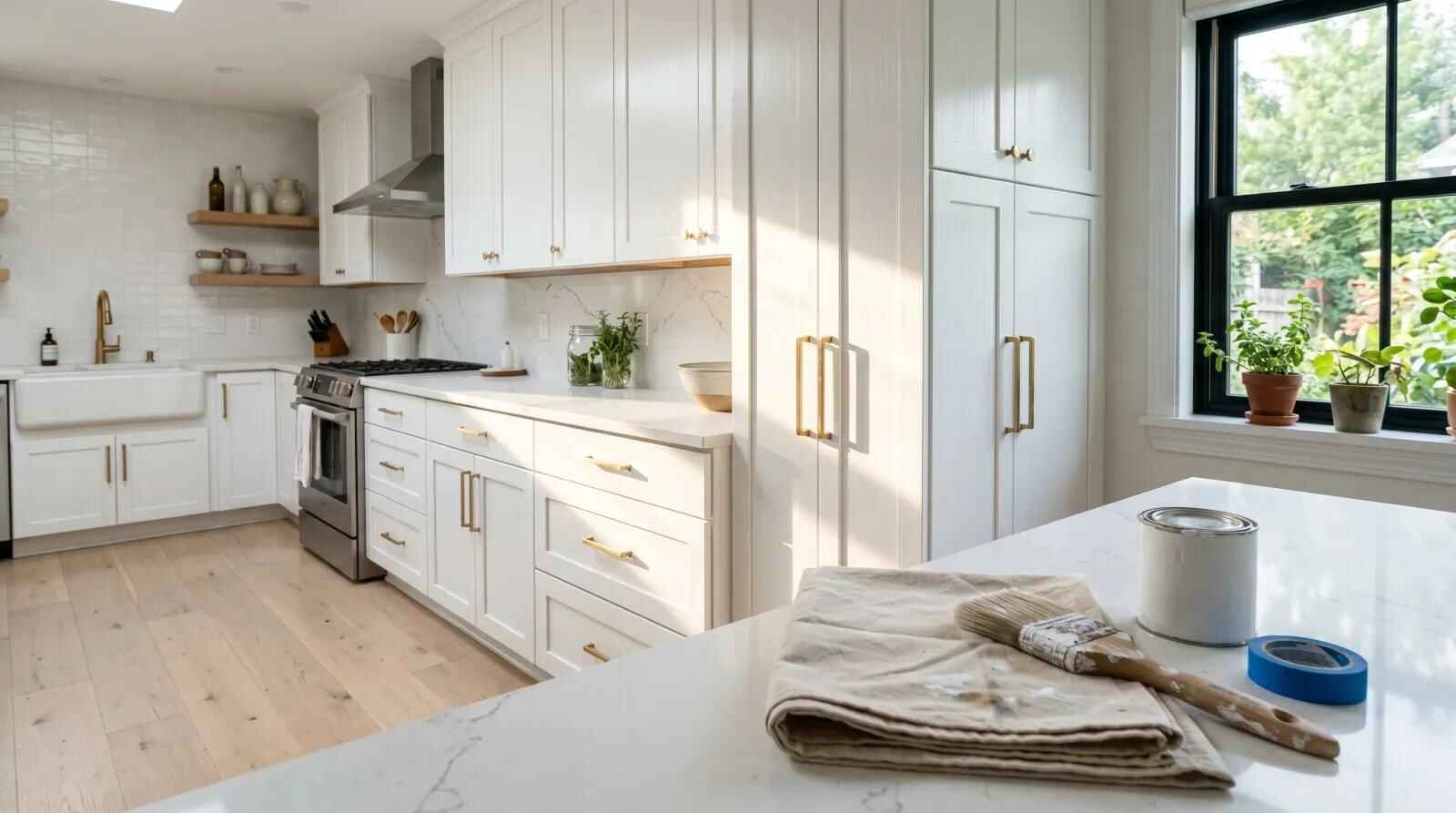 Painted kitchen cabinets in Massachusetts: bright white kitchen with a stone island
