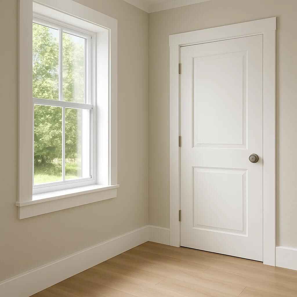 Interior trim painting: fresh white door and window trim