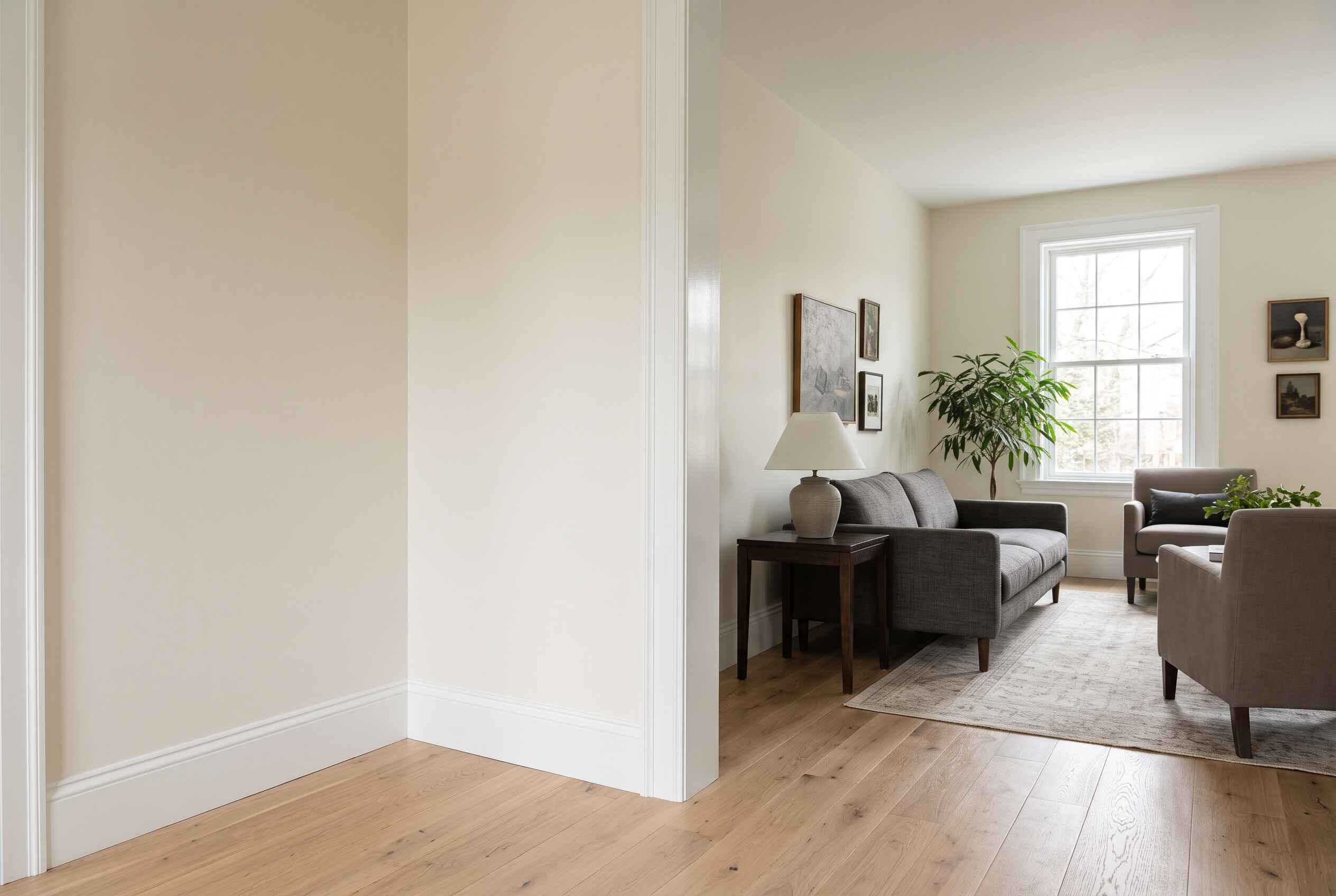 Living room painting by house painters in Burlington, MA: neutral walls, window and fireplace