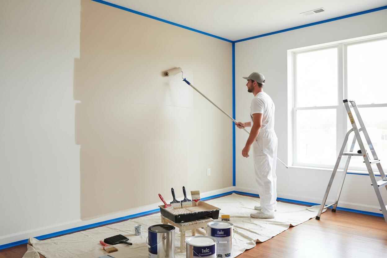 House painter applying a fresh white wall finish in a Massachusetts home