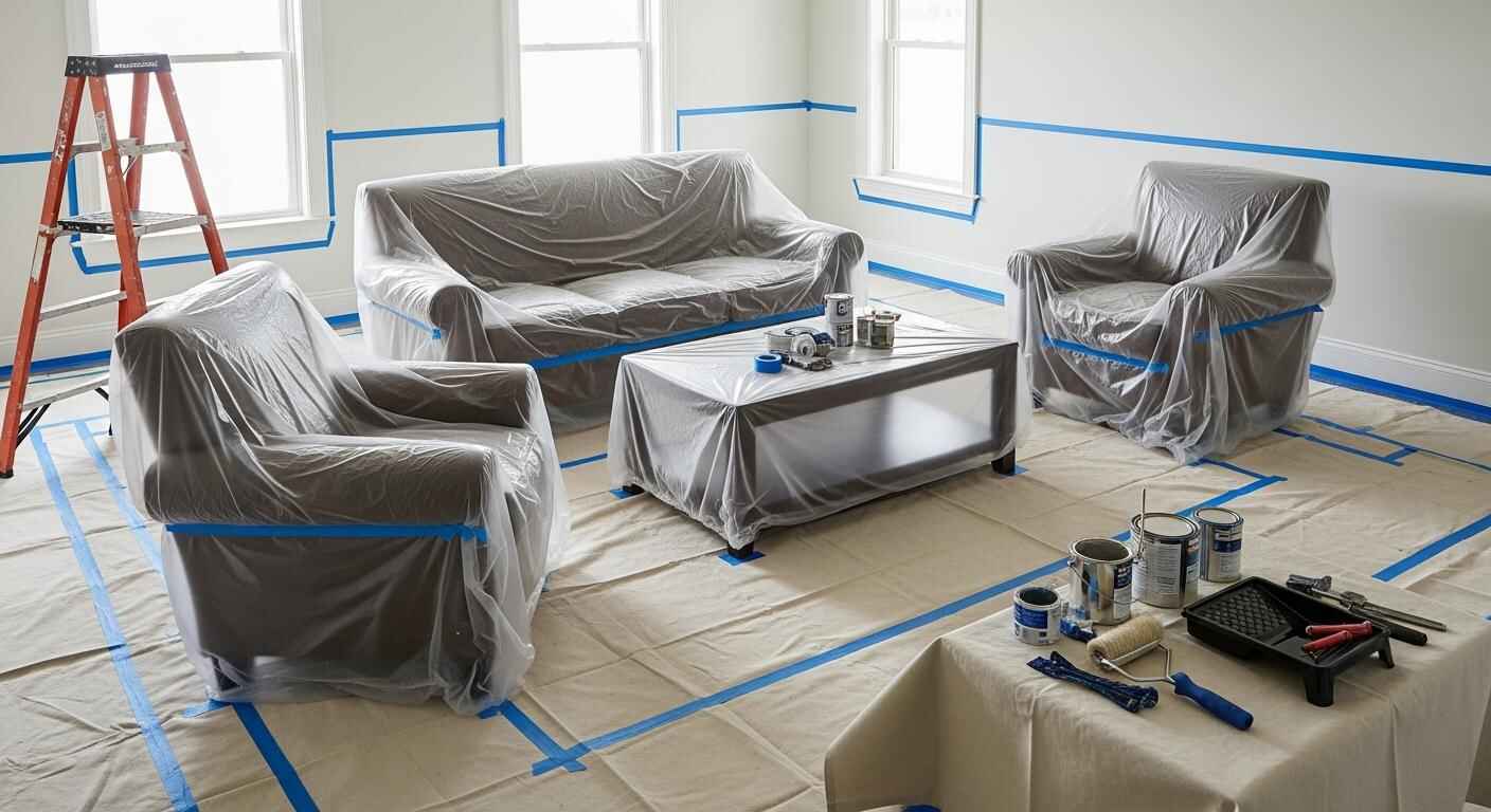 Interior painting prep in MA: furniture covered and protected with masking