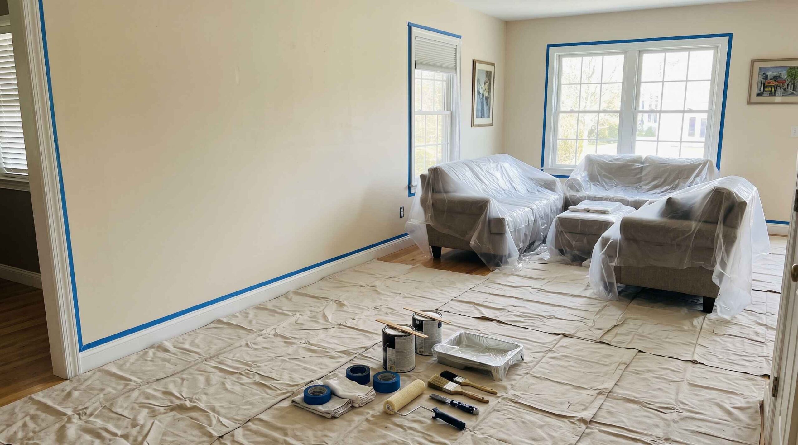 Living room masked and furniture covered by house painters Burlington MA homeowners hire, before interior painting