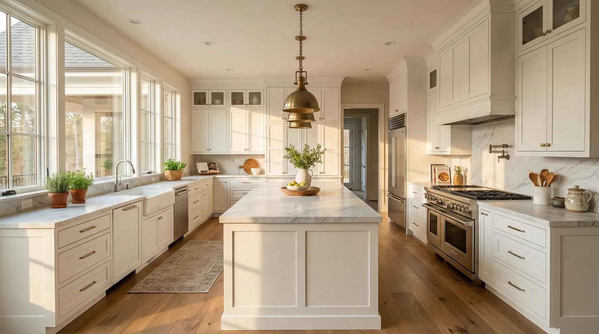 Cabinet refinishing look: white kitchen with a central island and brass fixtures