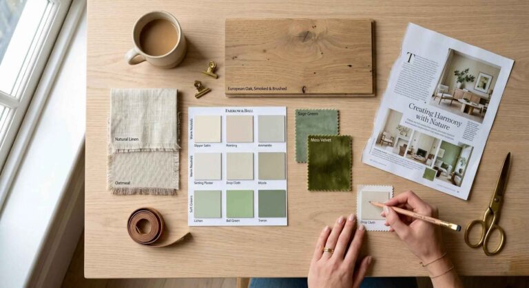 Mood board with green and neutral paint samples, fabric and wood