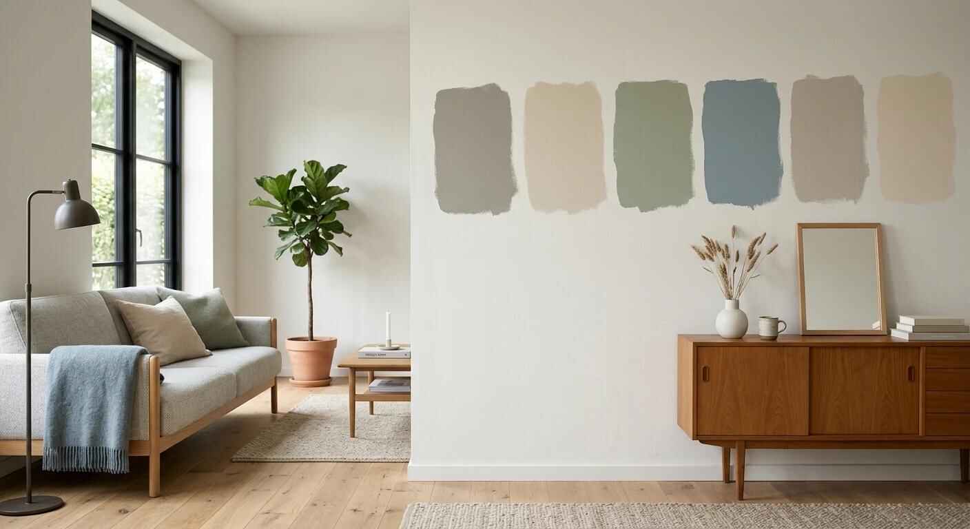 Free paint color consultation with neutral swatches in a bright living room